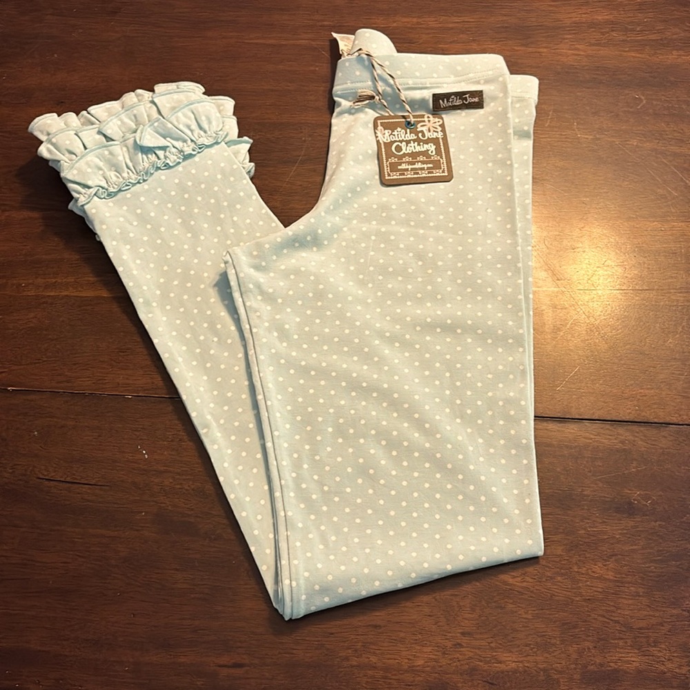 Matilda, Jane white polkadot light blue ruffled leggings size 12 new